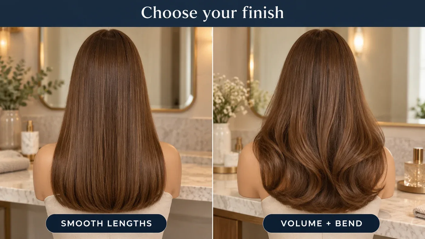 Generated illustration comparing smooth straight lengths with a rounded voluminous blowout as two different styling goals