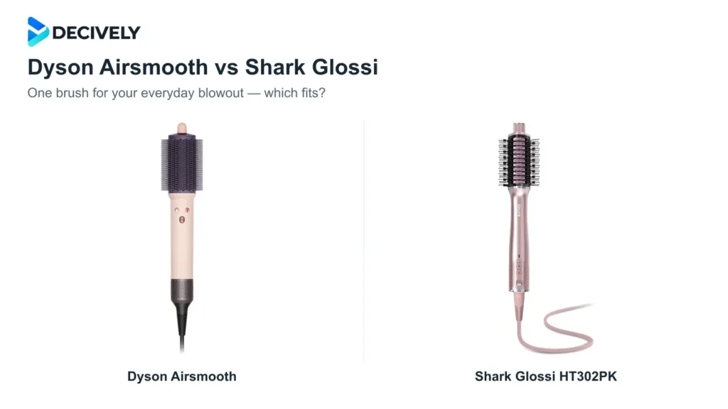 Actual Dyson Airsmooth and Shark Glossi HT302PK product photographs with the official Decively logo