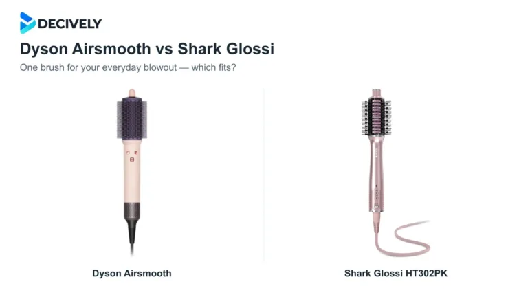 Actual Dyson Airsmooth and Shark Glossi HT302PK product photographs with the official Decively logo