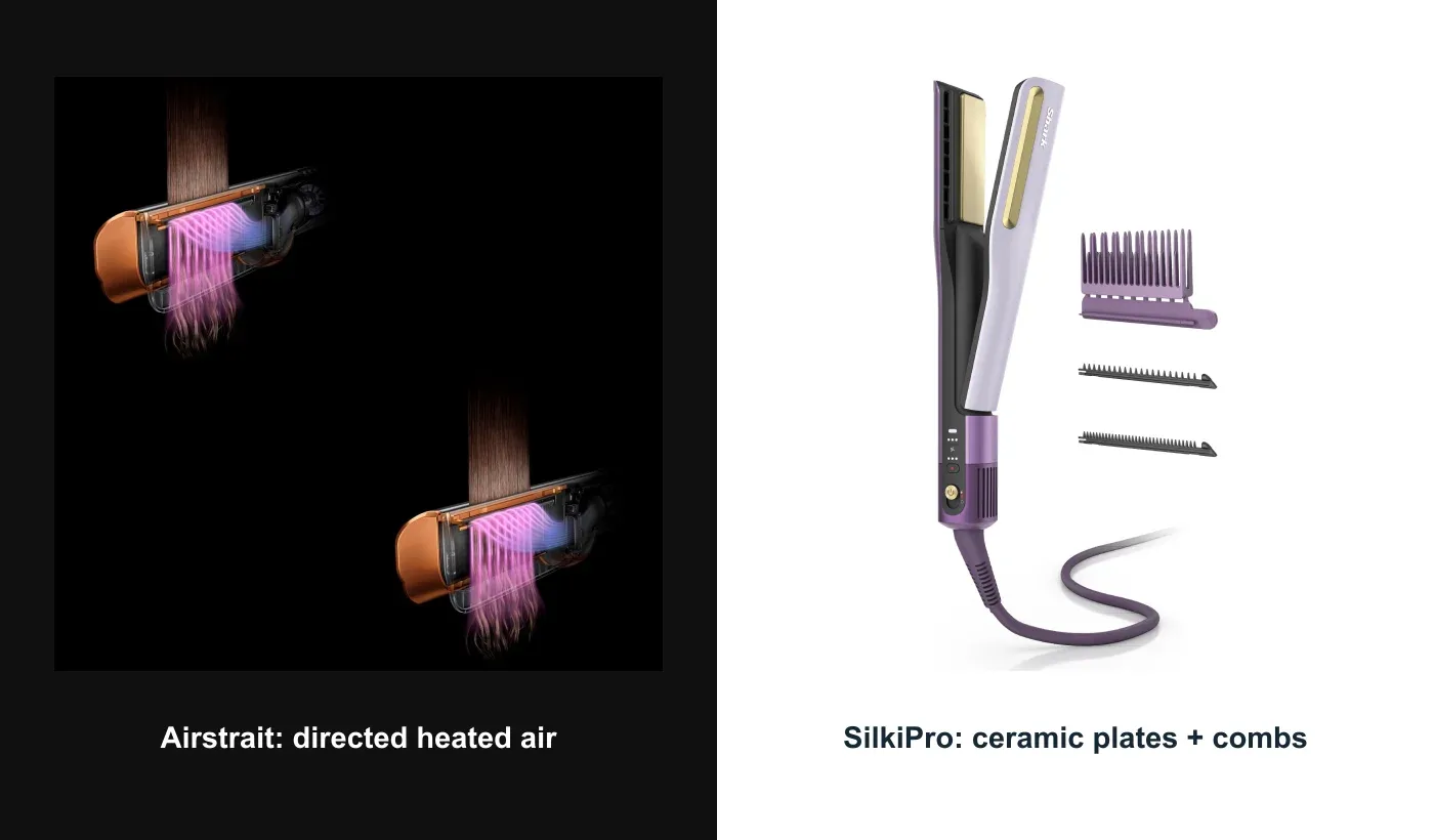 Official Dyson Airstrait airflow cutaway alongside a real Shark SilkiPro showing ceramic plates and the three interchangeable combs