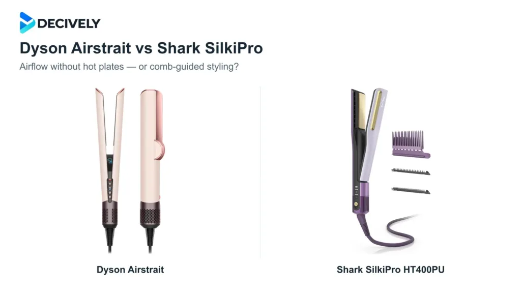 Actual Dyson Airstrait and Shark SilkiPro HT400PU product photographs with the official Decively logo