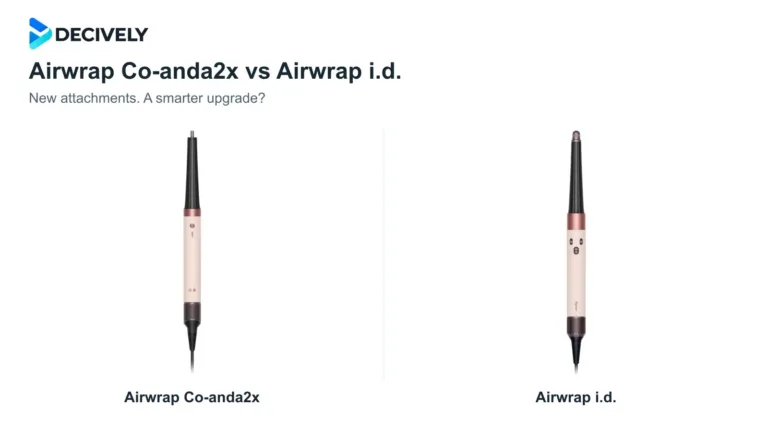 Actual Dyson Airwrap Co-anda2x and Dyson Airwrap i.d. product photographs with the official Decively logo