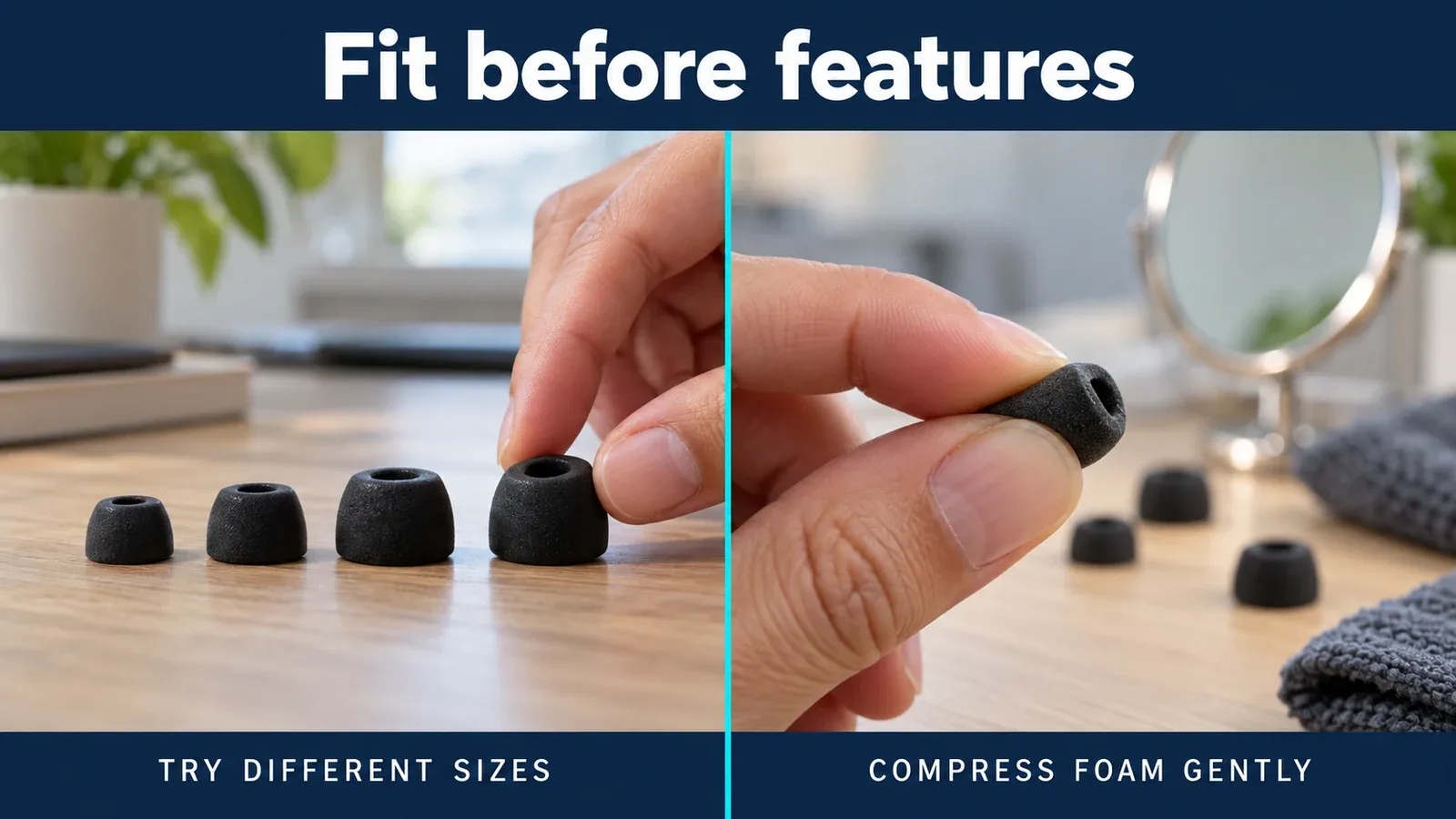Illustration of selecting different foam ear-tip sizes and gently compressing a tip for fitting