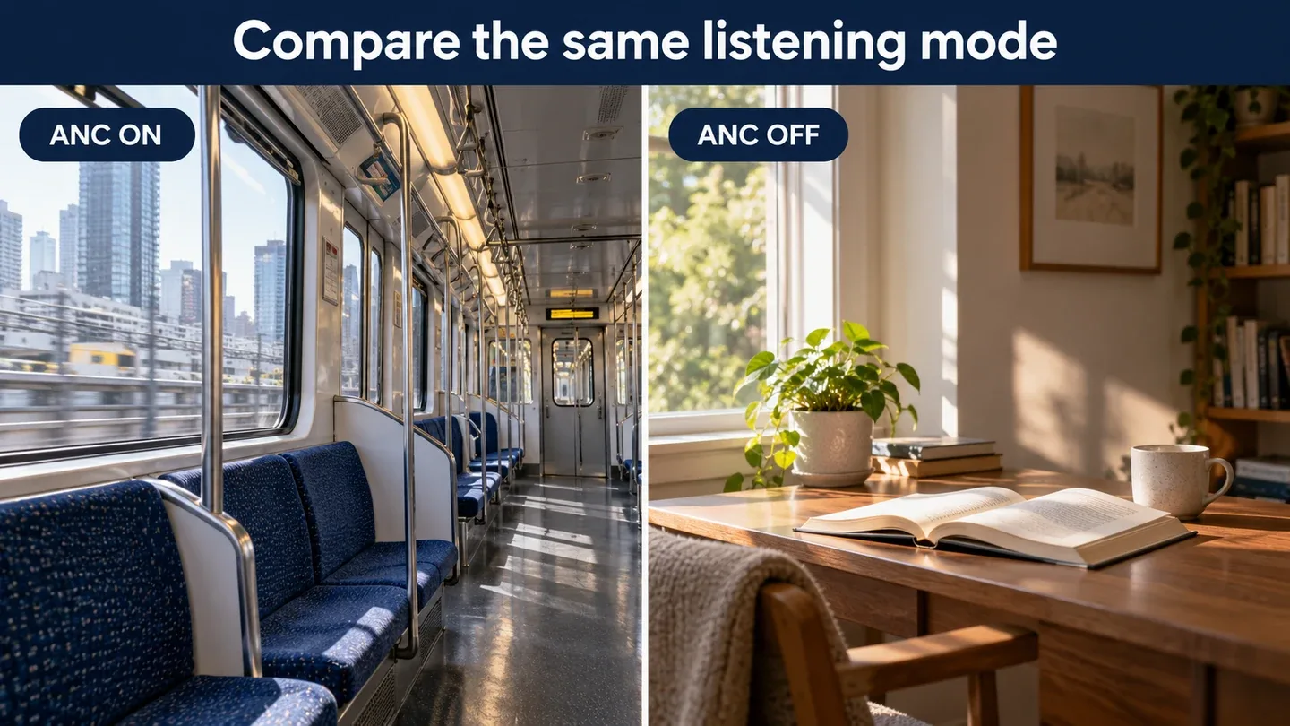 A commuter train labelled ANC on beside a quiet reading desk labelled ANC off, illustrating different battery-use conditions.