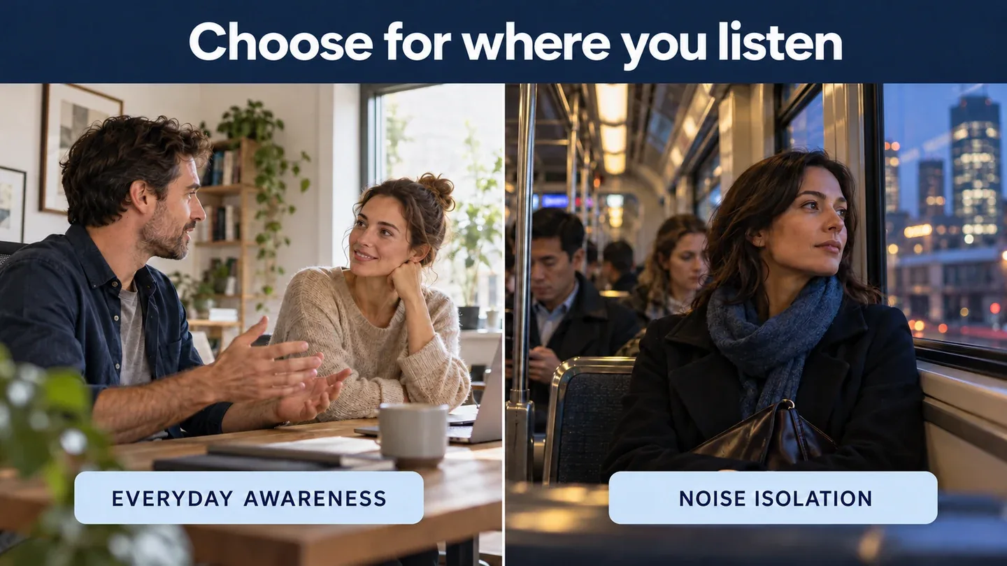 A quiet conversation beside a busy commuter train, illustrating awareness and noise-isolation listening priorities.