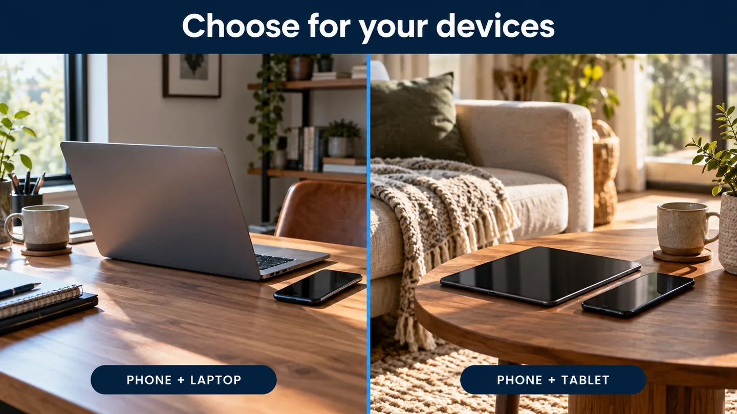 A phone beside a laptop and a phone beside a tablet, illustrating two different everyday device setups.