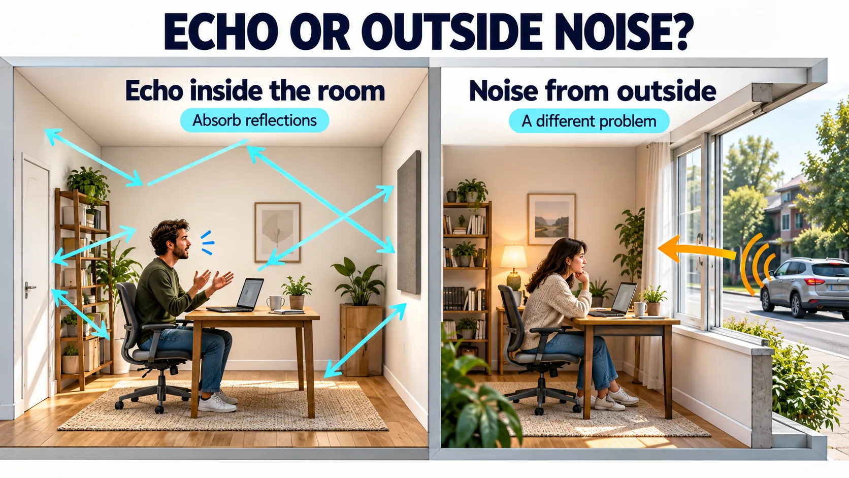 Concept diagram comparing sound reflections inside a room with traffic noise entering from outside.