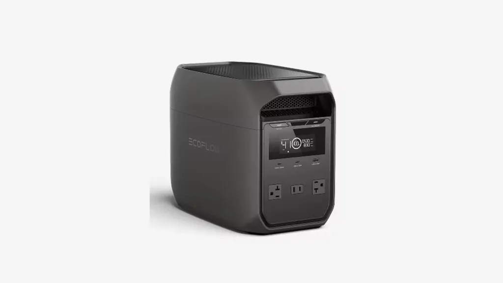 EcoFlow DELTA 3 Classic portable power station in dark grey, showing the display and three AC sockets