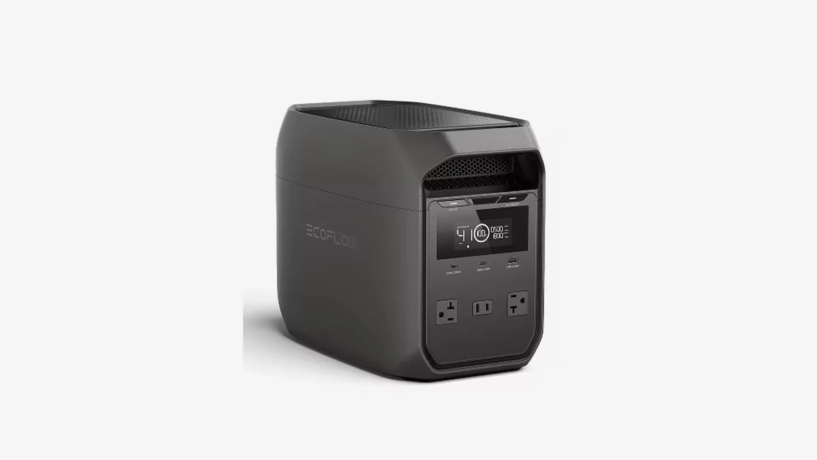 EcoFlow DELTA 3 Classic portable power station in dark grey, showing the display and three AC sockets