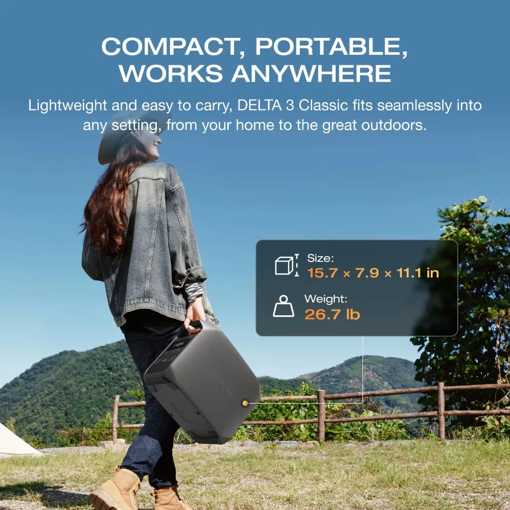 Seller image of a person carrying the EcoFlow DELTA 3 Classic outdoors, with its 15.7 by 7.9 by 11.1 inch size and 26.7 lb weight listed