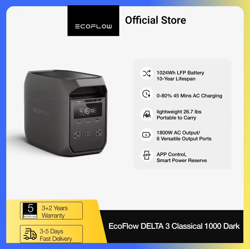 Seller listing image summarising the EcoFlow DELTA 3 Classic: 1024Wh LFP battery, 0-80% in 45 minutes, 26.7 lb, 1800W AC output and app control