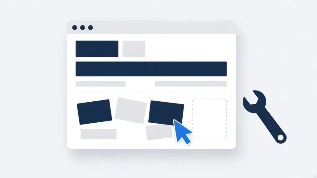 A generated page layout with misaligned blocks and a wrench, showing manual cleanup