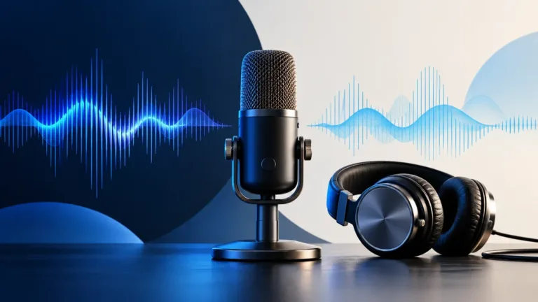 Studio microphone and headphones between two blue audio waveforms