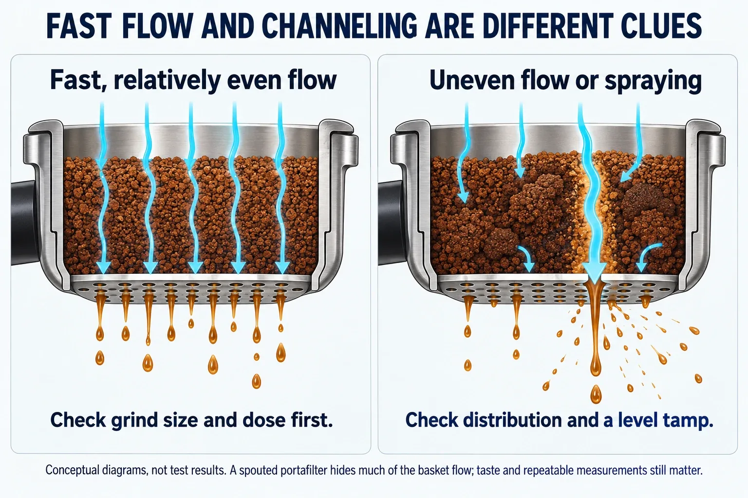 Basket cutaways compare broad fast flow with a preferential channel through coffee