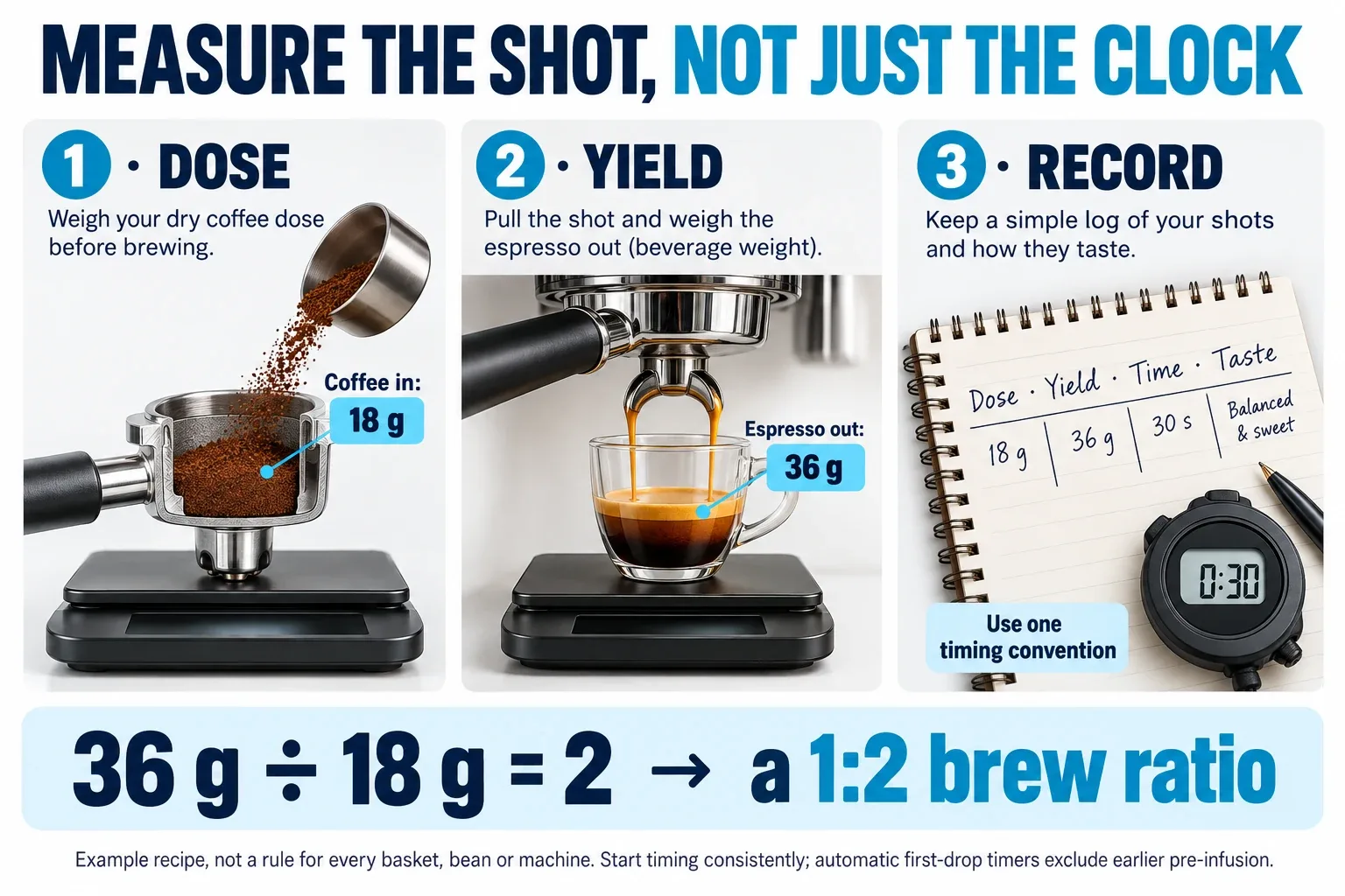 Example espresso recipe showing an 18g dose, 36g yield and consistent timing