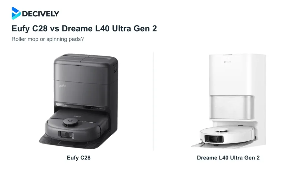 Black Eufy C28 and white Dreame L40 Ultra Gen 2 robots and docks with the official Decively logo