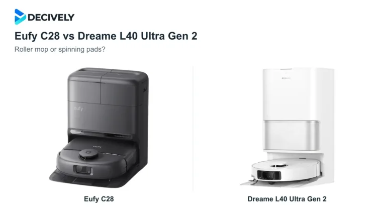 Black Eufy C28 and white Dreame L40 Ultra Gen 2 robots and docks with the official Decively logo