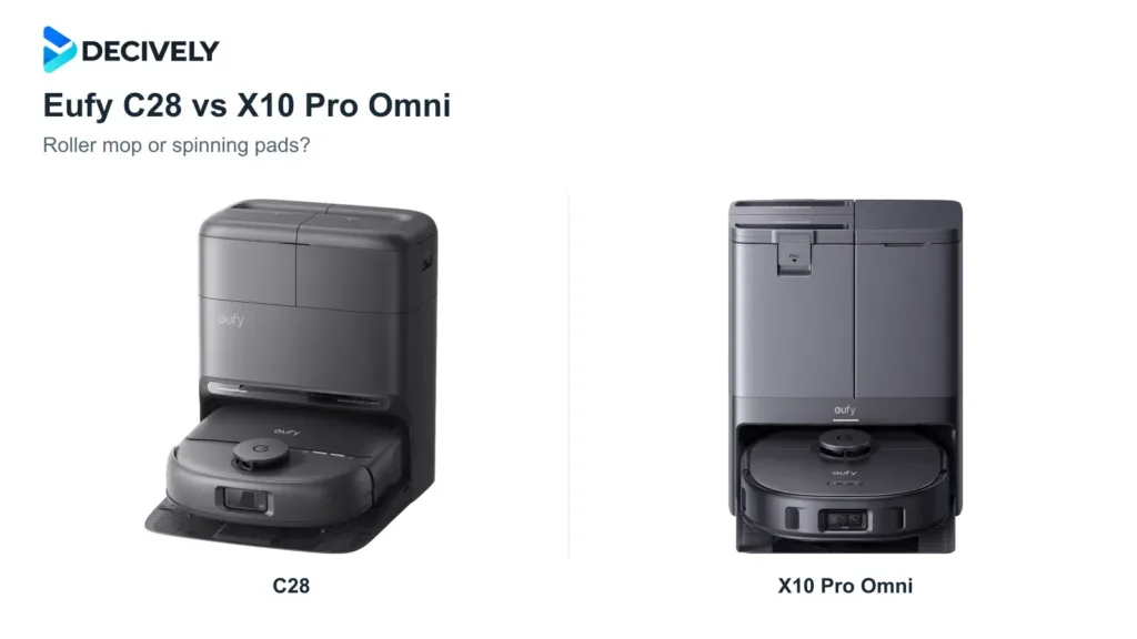 Black Eufy C28 and X10 Pro Omni robot vacuums with their docks and the official Decively logo