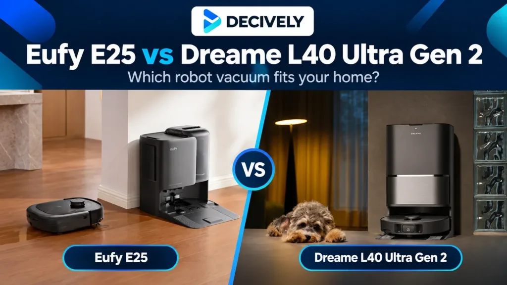 Eufy E25 and Dreame L40 Ultra Gen 2 robot vacuums and docking stations shown side by side in a Decively comparison cover.