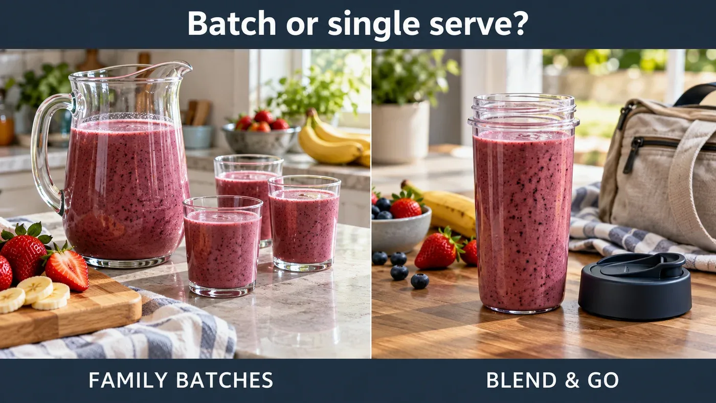 Illustration comparing a pitcher serving several berry smoothies with one lidded travel smoothie cup