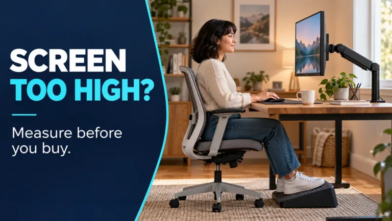 Monitor arm for short people: seated person checking a screen that sits too high above the desk.