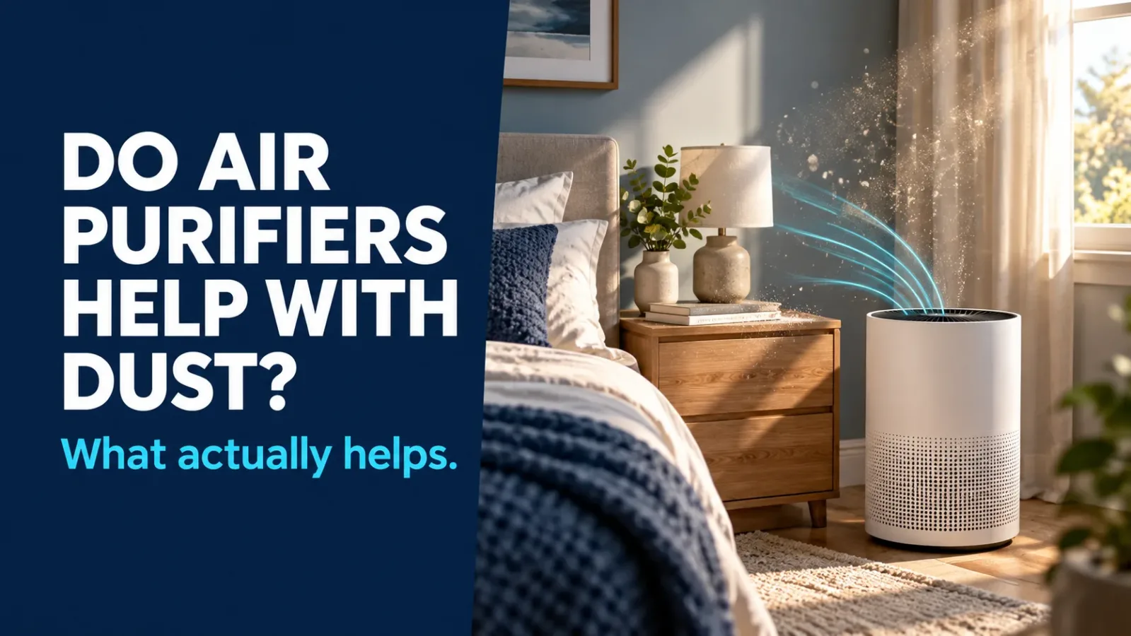 Do air purifiers help with dust? Bedroom air purifier and dust illustration.