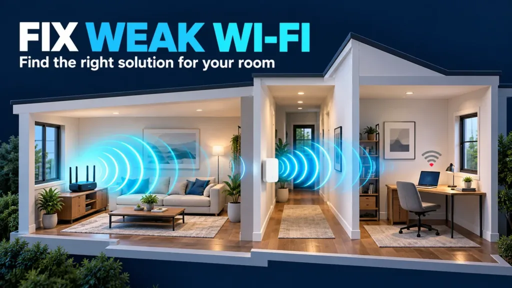 Editorial illustration of a router, extender and laptop showing how to fix weak Wi-Fi in one room.