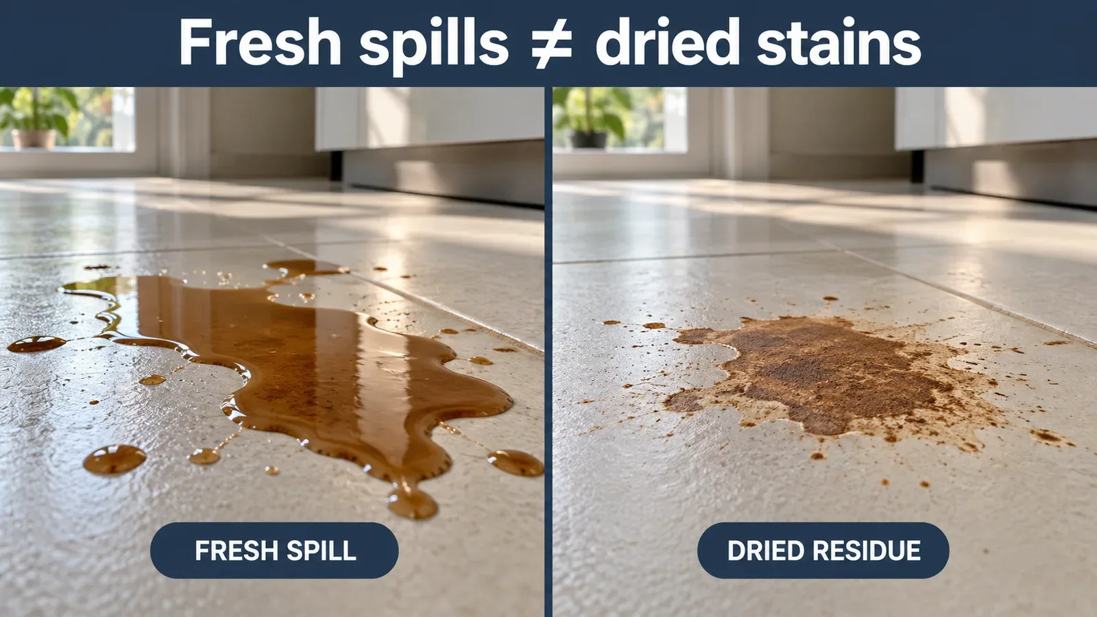 Photographic illustration comparing a fresh coffee spill with dried coffee residue on sealed tile