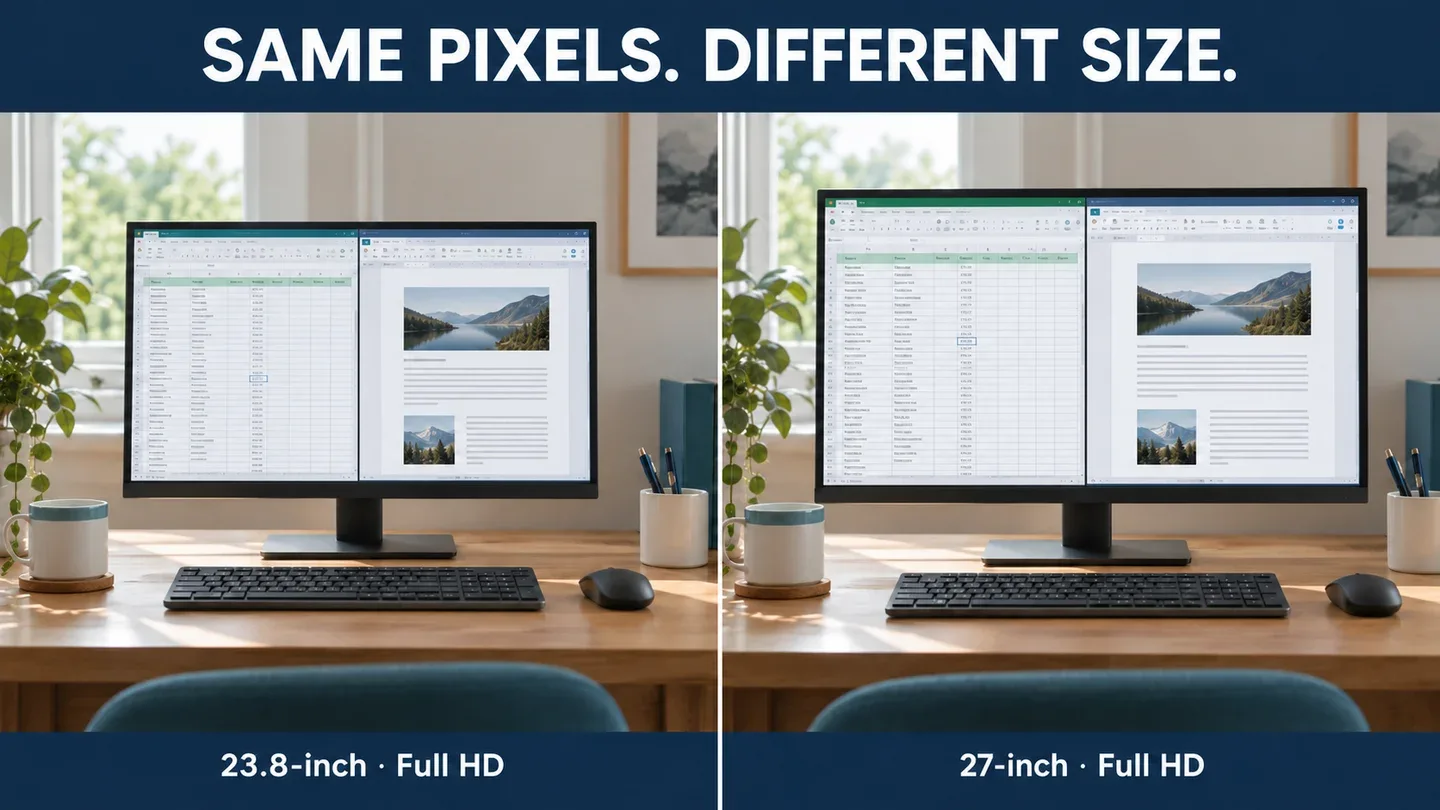 Generated illustration of 23.8-inch and 27-inch Full HD monitors showing the same intended workspace at different physical sizes