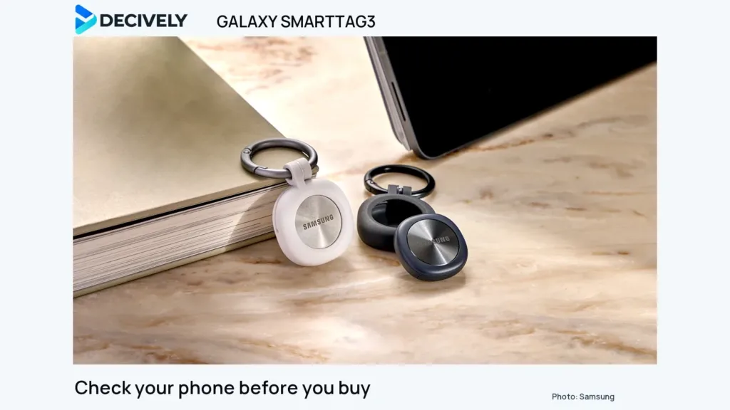 Black and white Samsung Galaxy SmartTag3 trackers photographed on a table, with Decively branding outside the original photograph