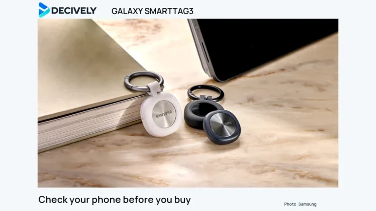 Black and white Samsung Galaxy SmartTag3 trackers photographed on a table, with Decively branding outside the original photograph