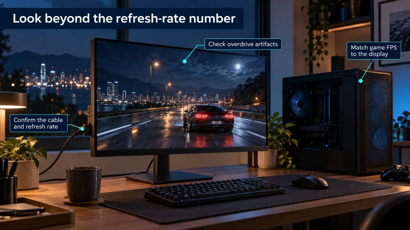 Illustration of a gaming desk highlighting frame rate, overdrive artifacts and the video connection