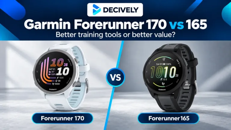 Garmin Forerunner 170 Whitestone and Forerunner 165 Black compared with the Decively logo