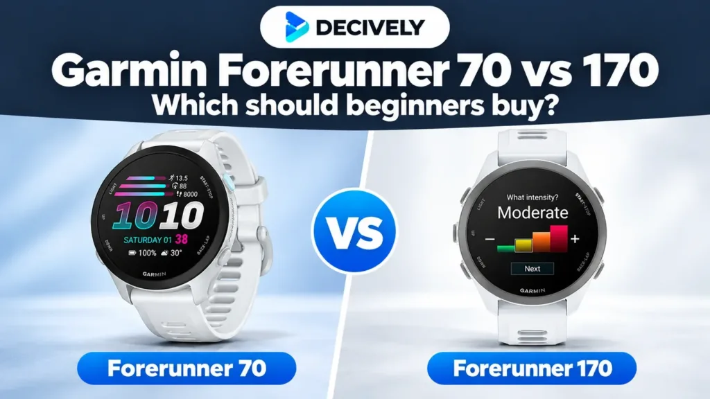 Garmin Forerunner 70 Whitestone and standard Forerunner 170 Whitestone Cloud Blue with the Decively logo