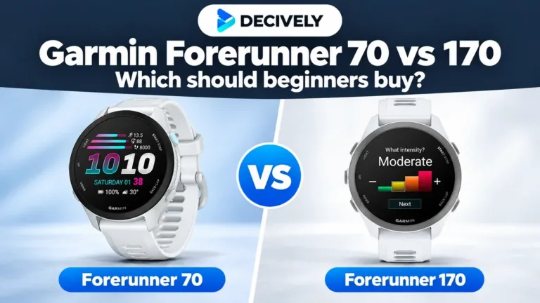 Garmin Forerunner 70 Whitestone and standard Forerunner 170 Whitestone Cloud Blue with the Decively logo