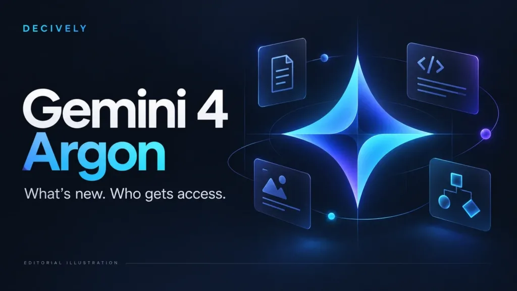 Gemini 4 Argon editorial illustration with an AI star and document, code and workflow symbols.