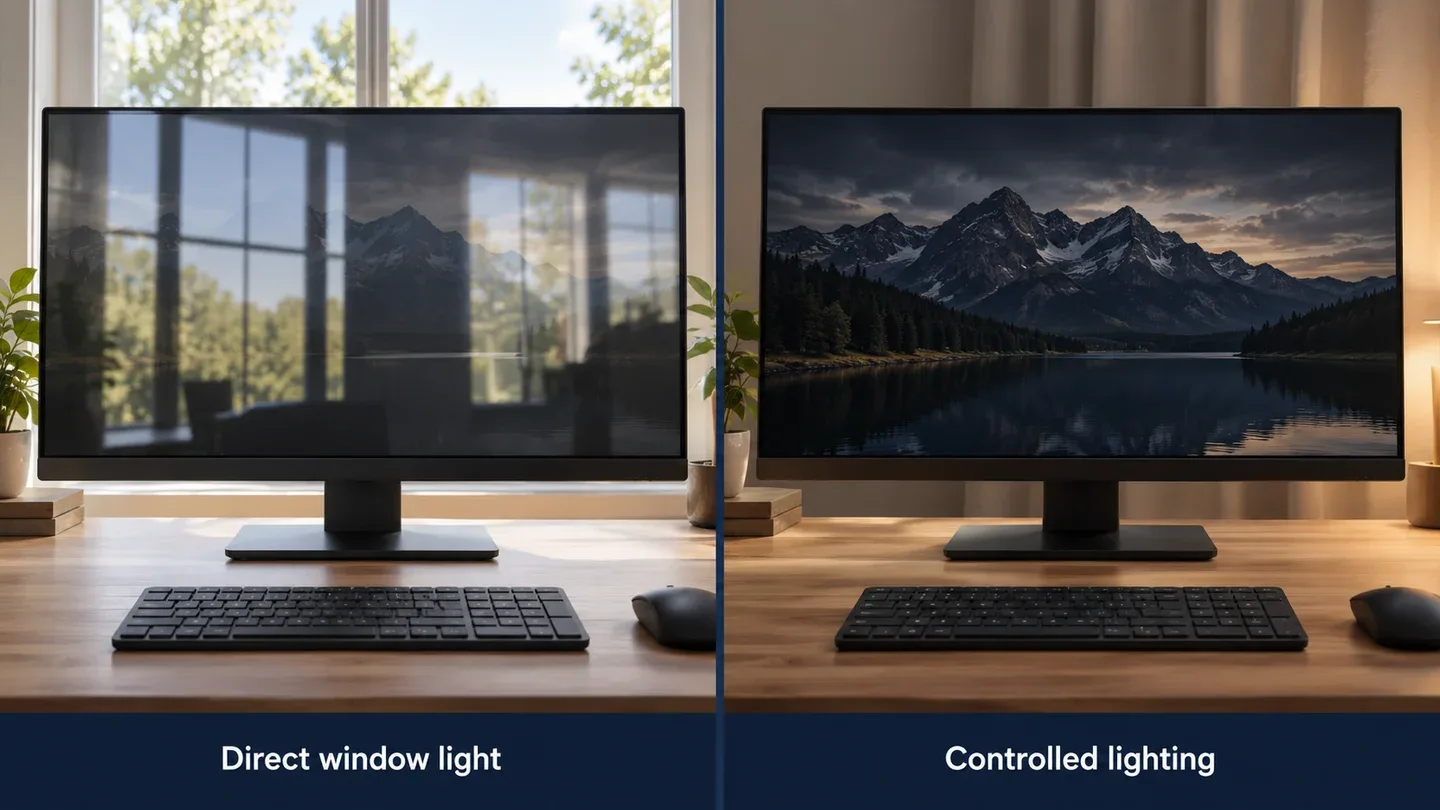 Illustration of a glossy monitor reflecting a bright window beside the same desk under controlled lighting