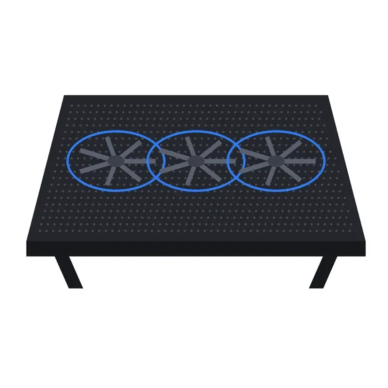 Illustration of a black laptop cooling pad with three fans under a metal mesh surface.