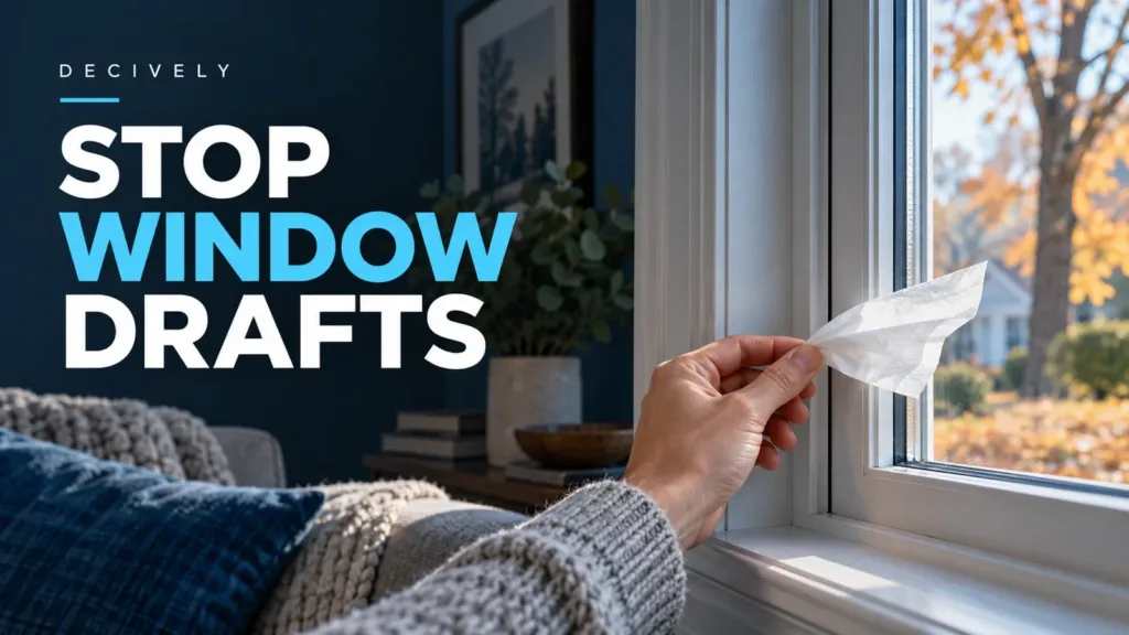 Hand holding a tissue beside a closed window to check for drafts, with the words Stop Window Drafts.