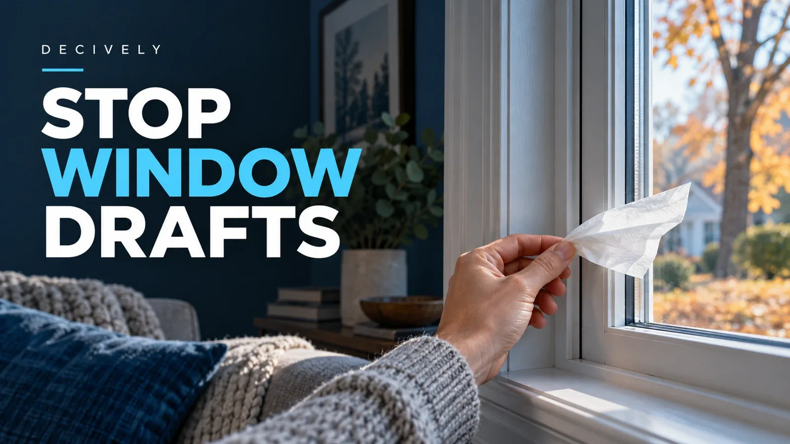 Hand holding a tissue beside a closed window to check for drafts, with the words Stop Window Drafts.