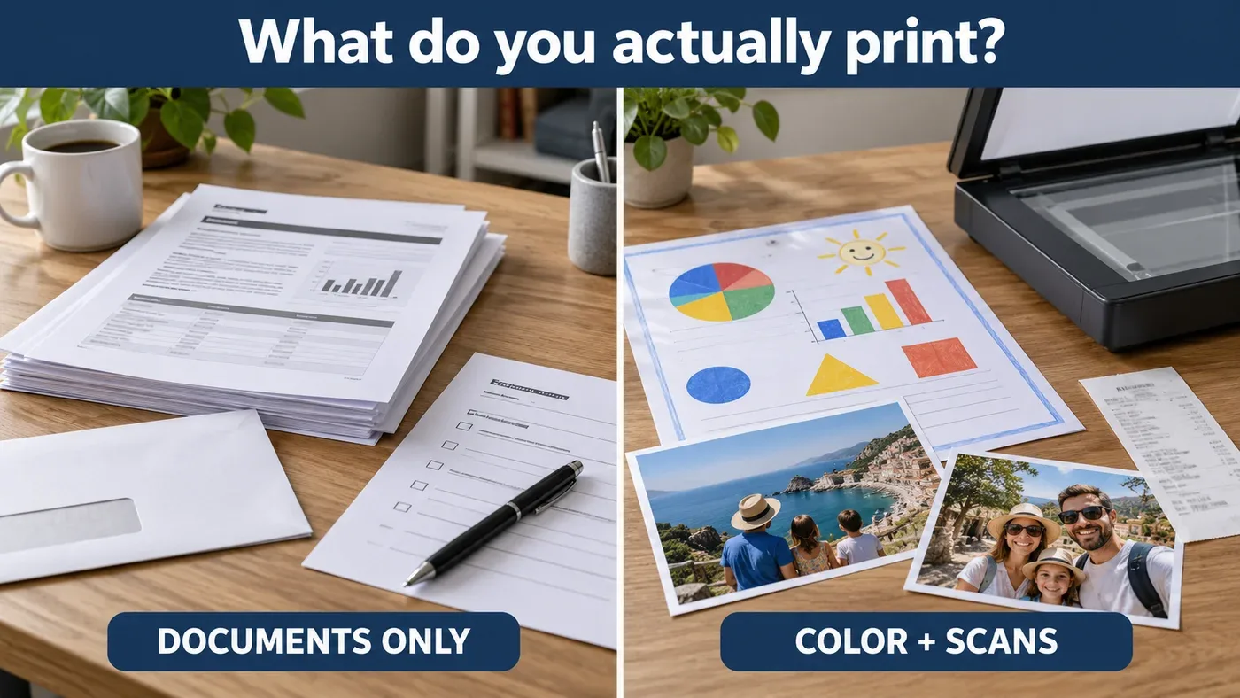 Illustration contrasting black-and-white documents with color worksheets, family photos and a generic flatbed scanner
