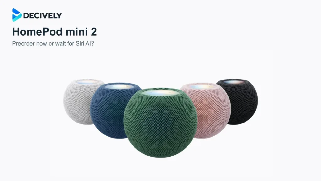 HomePod mini 2 in five official colors with the Decively logo