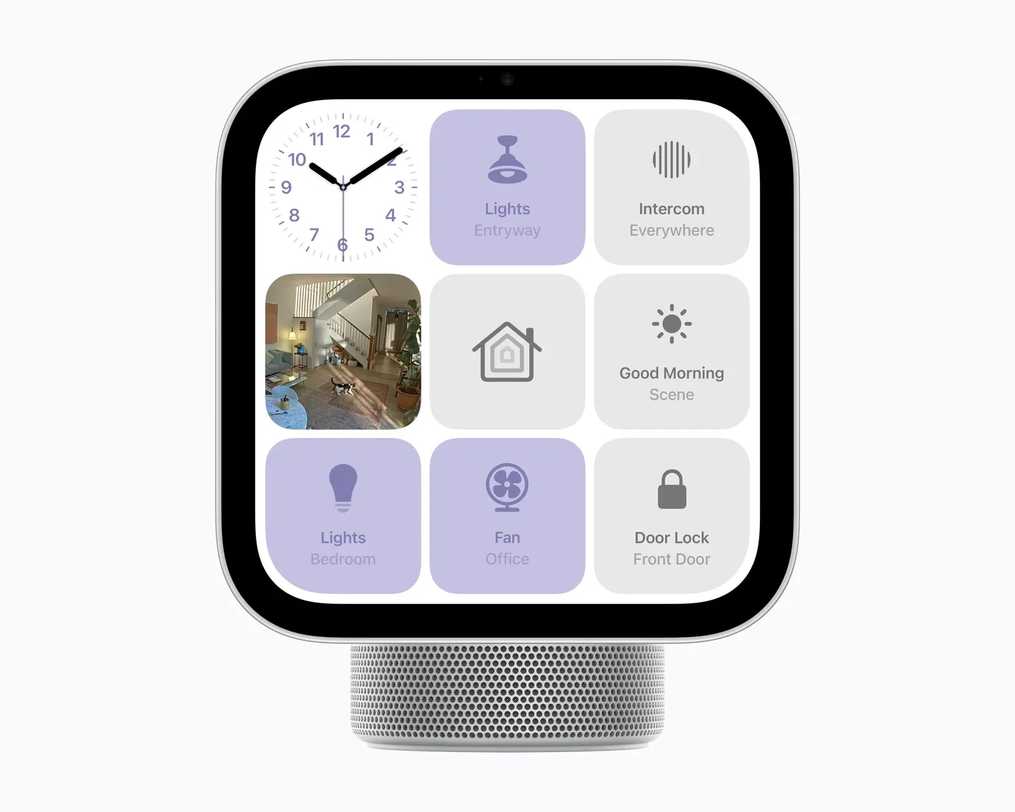 Official Apple HomeView screen displaying lights, intercom, a camera feed, fan and door-lock controls