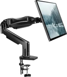 HUANUO FlowLift HNSS6 single monitor arm with desk clamp and a monitor mounted in portrait orientation