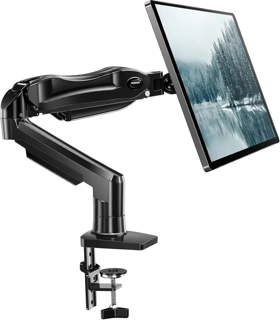 HUANUO FlowLift HNSS6 single monitor arm with desk clamp and a monitor mounted in portrait orientation