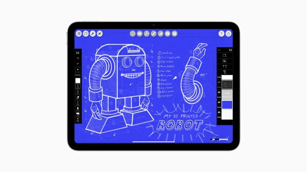 Apple iPad A16 displaying a robot design in Morpholio Trace