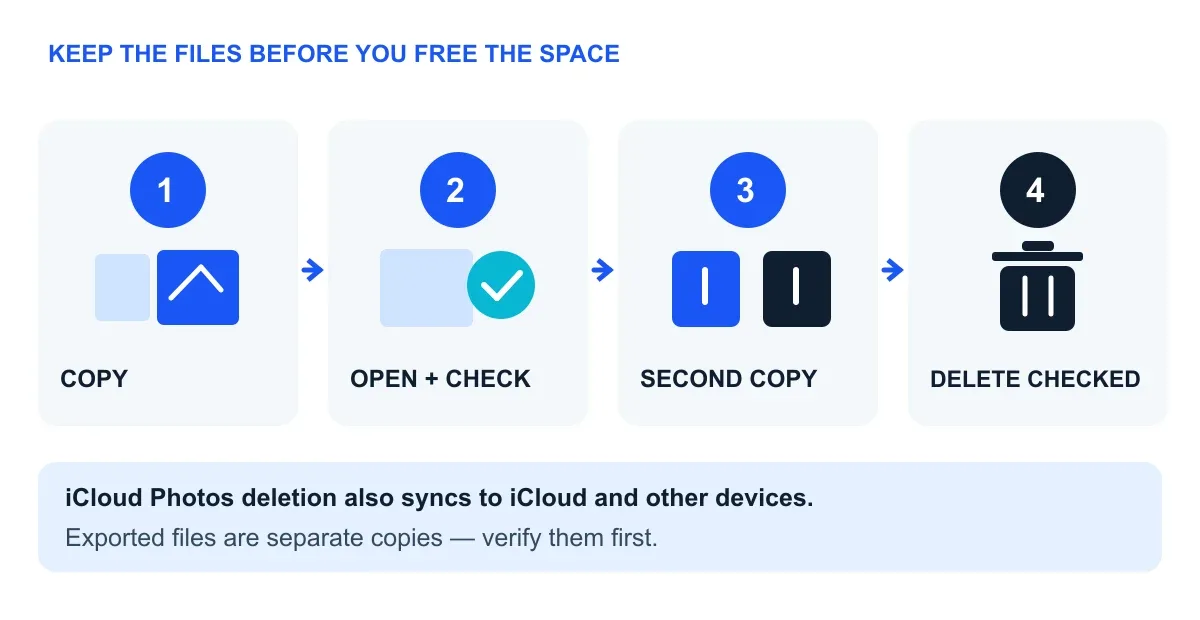 Photo offload workflow: copy, open and check, make a second copy, then delete checked originals