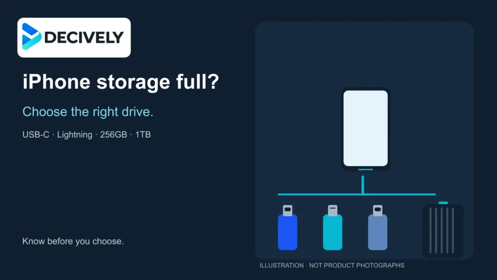 Decively illustration of an iPhone, three flash drives and a portable SSD for photo storage