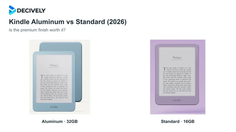 2026 Kindle Aluminum in Alpine Sky and standard Kindle in Ube with the official Decively logo