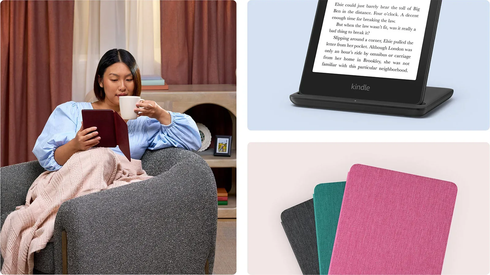 Amazon Paperwhite editorial collage showing reading at home, a Kindle on a charging dock and fabric covers